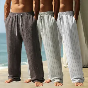 Men’s 3-Pack Lightweight Polyester Striped Drawstring Casual Trousers - Elastic Waist Loose Straight Long Pants, Old Money Style Menswear for Spring/Summer