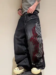 UP.THE Men's Loose Fit Wide Leg Jeans Y2K Inspired Streetwear Embroidered Totem Design for Skateboarders & Streetwear Enthusiasts