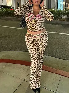 Women's Leopard Print Zip Up Jacket & Pants Two-piece Set, Street Fashion Casual Two Piece Outfits for Daily Wear, Ladies Spring & Fall Clothes