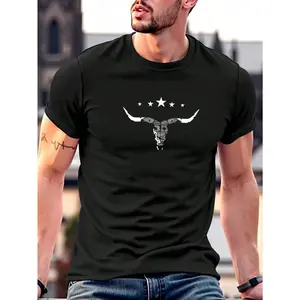 Men's Vintage Western Cowboy T-Shirt with Bull Skull & Stars Print - Soft Blend Fabric, Loose Fit Crew Neck, Western Design for Outdoor, Cowboy Parties & Casual Wear - All-Season Comfort, Ideal Gift for Men, Retro Style Ranch & Western