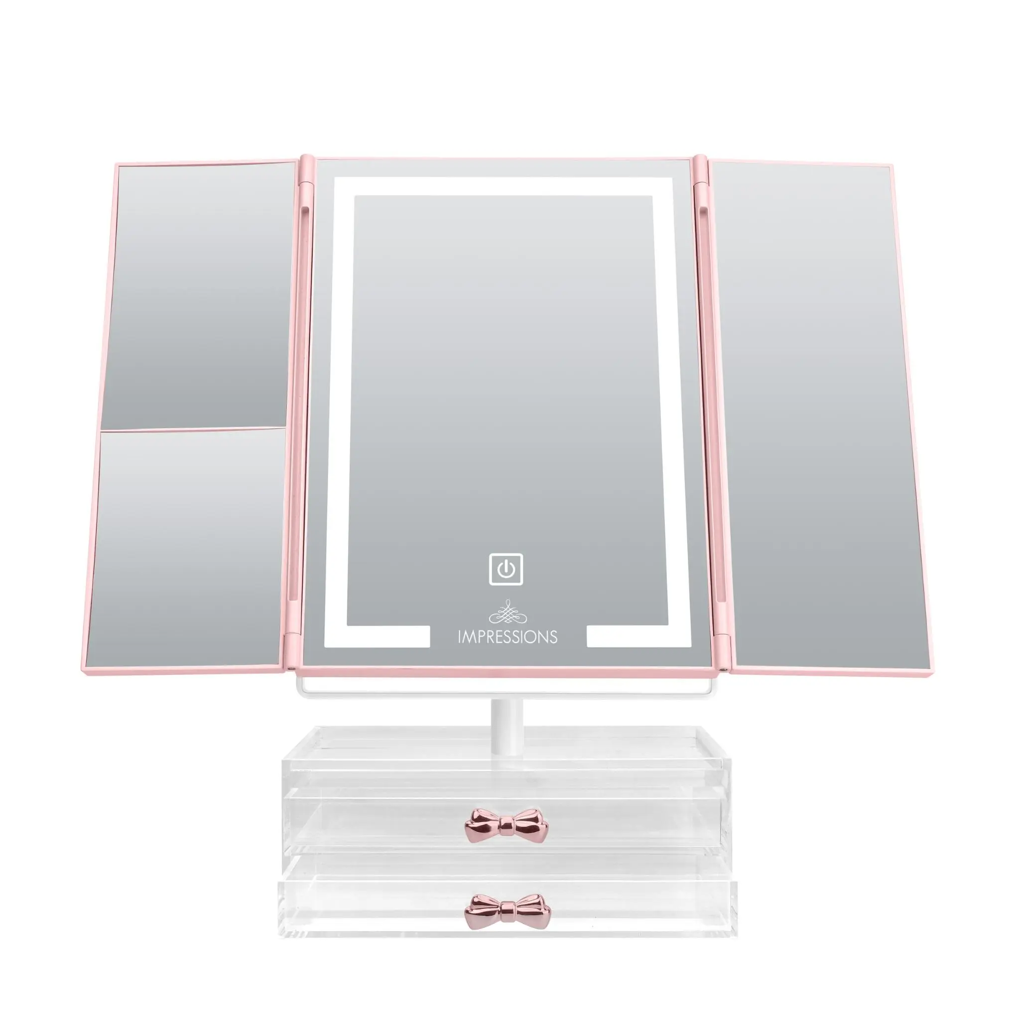 Rechargeable LED Vanity Mirror with Tri-Tone Lighting, 5x/7x Magnification, Dimmable Touch Control and Acrylic Organiser Drawers