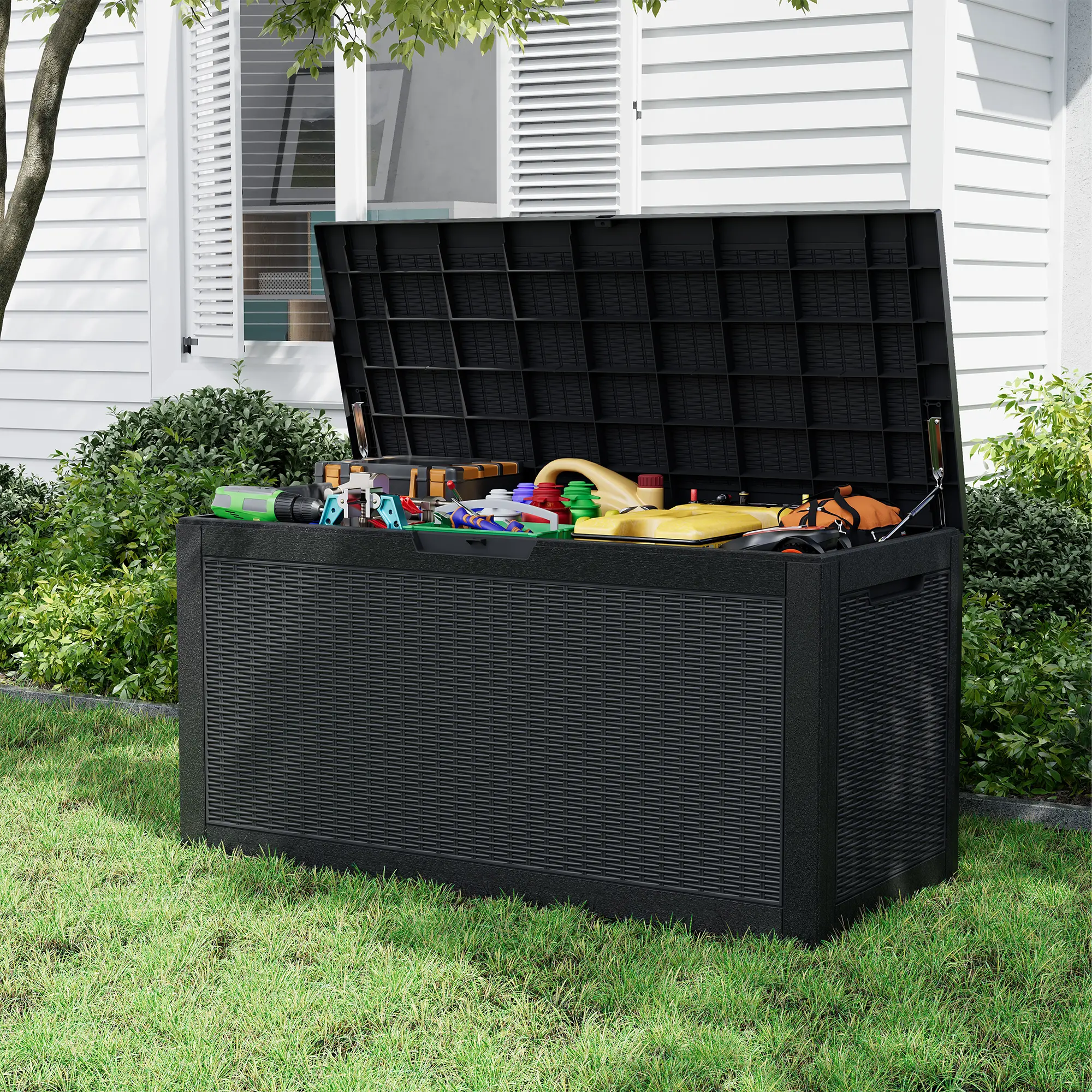 RIWENGO 100 Gal Resin Deck Box - Waterproof, UV-Resistant, Lightweight Outdoor Storage Box with Lock, Handle for Patio Garden Tools, Pool Supplies, 265 lbs Capacity, 47.8l x 21.3w x 24.4h in