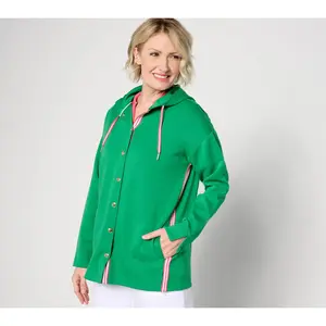 Isaac Mizrahi Live! Petite Clubhouse Scuba Knit Snap Front Tunic w/ Hood