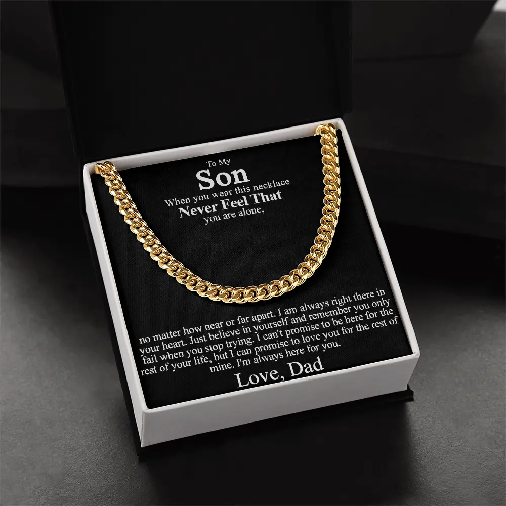 To My Son Cuban Link Chain Necklace From Dad, Father to Son Sentimental Message Card Jewelry, Birthday Graduation Anniversary Gifts for Son, Luxury LED Gift Box