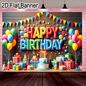 2D flat banner, 1pcVibrant Happy Birthday Backdrop, Colorful Celebration Setup with Triangular Bunting and 3D Letters, Festive Balloon Clusters, Decorative Party Hats, Ideal for Birthday Party Decorations and Photo Booth