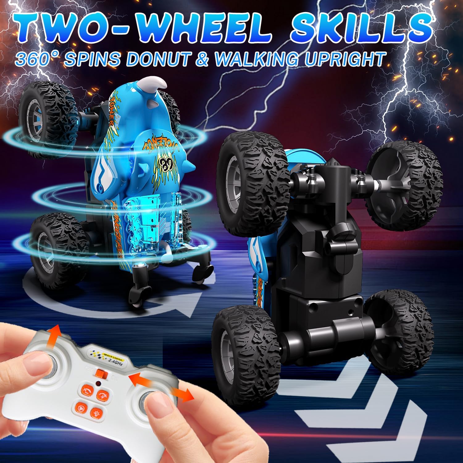 1:64 Monster Trucks Toys 2.4GHz Mini Remote Control Car for Boys 4-7 360° Spin Walk Upright Little Truck Metal Shell RGB Light Christmas Birthday Gifts