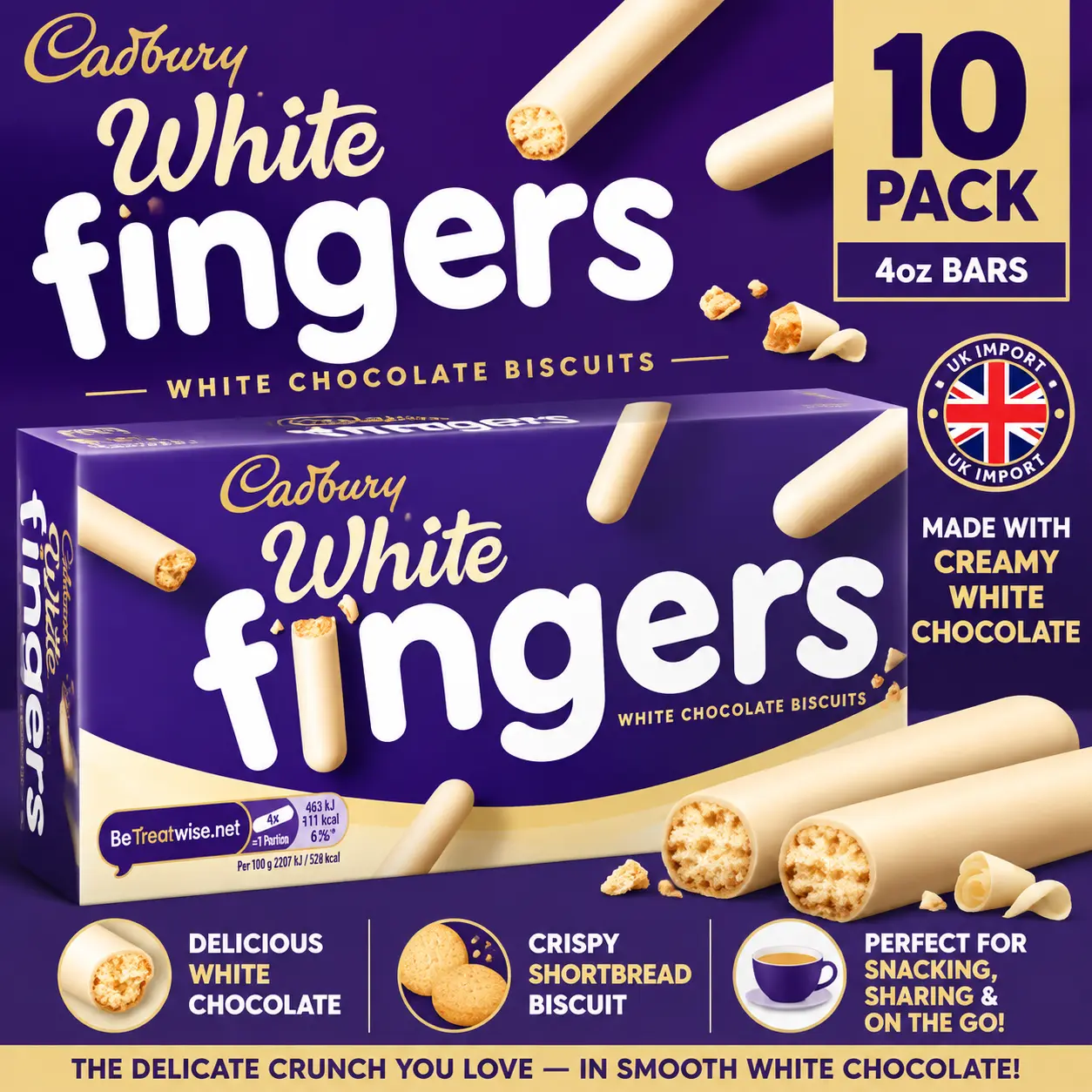 Cadbury UK Import White Chocolate Shortbread Fingers 4 oz 10 Pack  Crispy Shortbread Cookies with White Chocolate | Premium British Snack