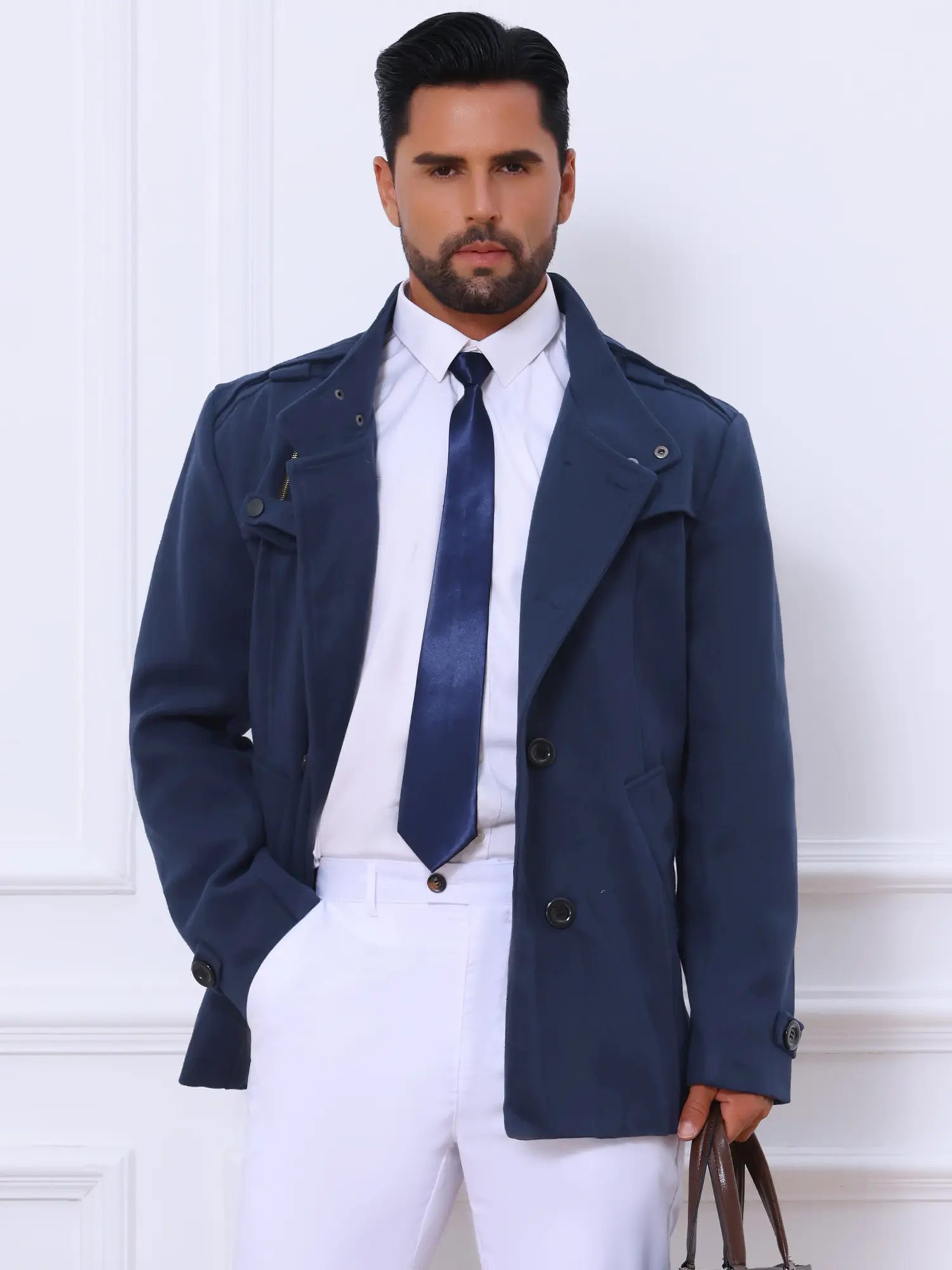 INSPIRE CHIC Men's Winter Trench Coat Stand Collar Double Breasted Notch Lapel Pea Coats