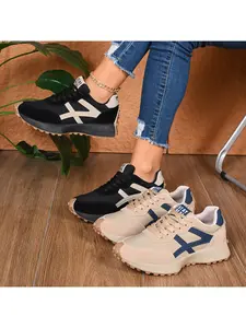 Women's 4cm Platform Retro Sneakers, Black/Khaki, Leather Upper, Casual Daily Commute Shoes