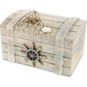 COTA   Wooden  Box - Handcrafted Nautical Trinket with Starfish Decorations, Accent Tabletop  Decor, Beach  Storage Organizer - 6.8 Inches