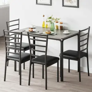 【Christmas Gift】Grey 5 Piece Dining Table Set, Modern & Retro Kitchen Table Furniture for Dining Room, Compact Space-Saving Table Set, Metal Frame Wood Tabletop, 4 Upholstered Pu Chairs