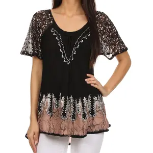 Sakkas Cora Relaxed Fit Batik Design Embroidery Cap Sleeves Blouse / Top