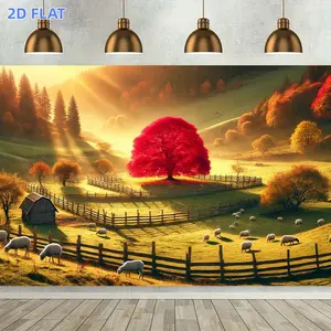 1pc 2D Flat Banner, Serene Sheep & Red Tree Landscape BackdropPolyester Wall Banner, Sunlit Autumn Fields Scene for Living Room, Bedroom, Office DecorIdeal for Parties, Studio Props, No Electricity Required, Outd