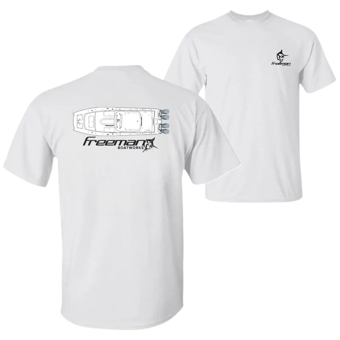Freeman Boatworks T-Shirt, Offshore Catamaran Fishing Boat Graphic Tee, Soft Cotton Blend Marine Apparel, Ocean Angler Shirt for Men & Women, Boat Lover Gift