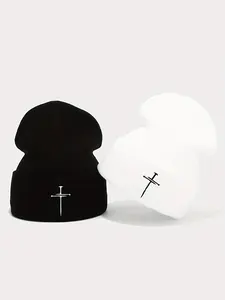 Unisex Knit Beanie Hat with Cross Embroidery, Fitted Design for All Seasons, Perfect Gift for Birthdays & Holidays, Fashion Hat