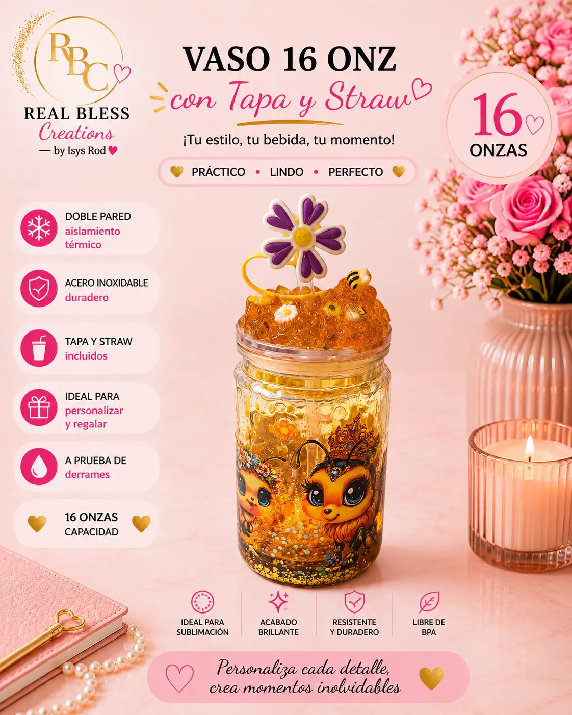 Honey Bee Bliss – 16 oz Tumbler with Decorated Lid, Straw & Straw Topper