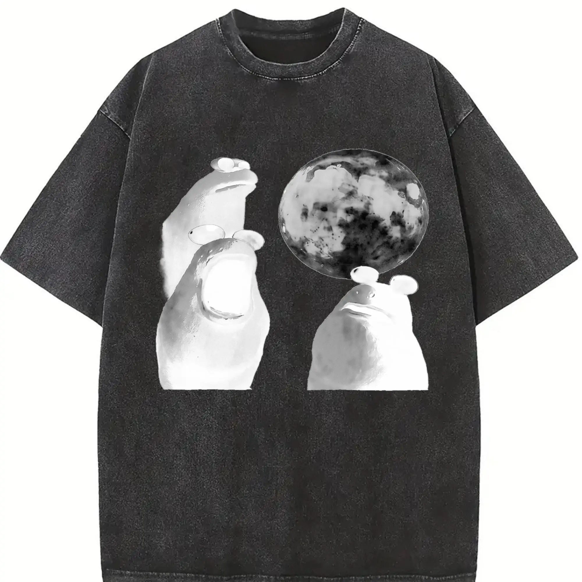 Men's 100% Cotton Washed Oversized T-Shirt, Viral Moon Frog Meme Graphic Tee, Funny Weirdcore Vintage Black Short Sleeve Streetwear Top