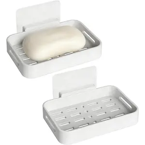 Shower Soap Dish Soap Bar Holder, 2 count Soap Holder for Shower Wall, Plastic No Drill Adhesive Mount Removable Soap Saver Sponge Holder for Bathroom Kitchen Sink, White