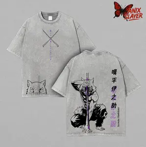 Inosuke - Demon Slayer Anime Double Printed Vintage Washed Tee Unisex Oversize Anime Manga Washed Heavyweight Cotton T-shirt