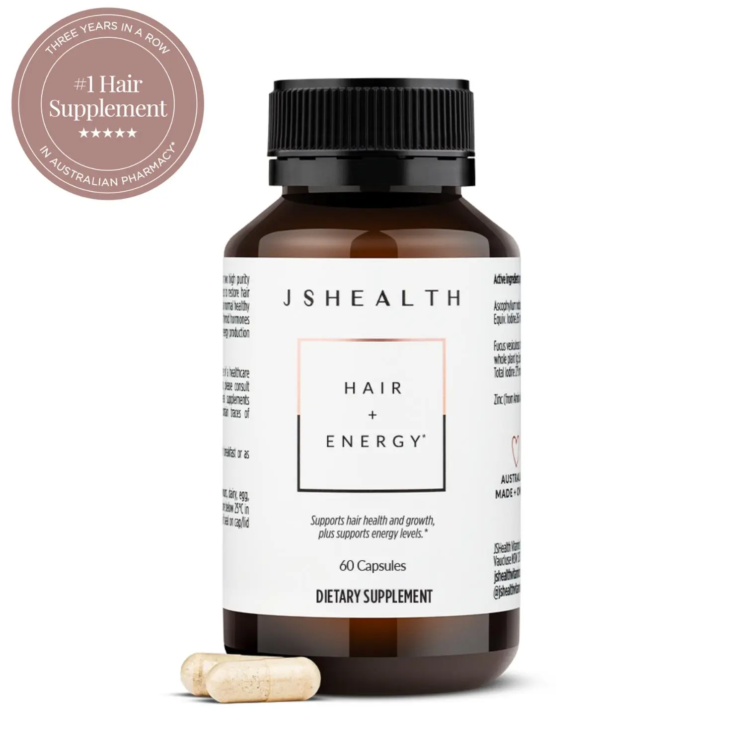 JSHealth Hair + Energy Vitamins with Zinc & Iodine - Nourishing Hair Growth Supplement for Men & Women 60 Capsules Biotin Wellness JSHealth Hair + Energy Vitamins with Zinc & Iodine - Nourishing Hair Growth Supplement for Men & Women 60 Capsules Biotin Wellness
