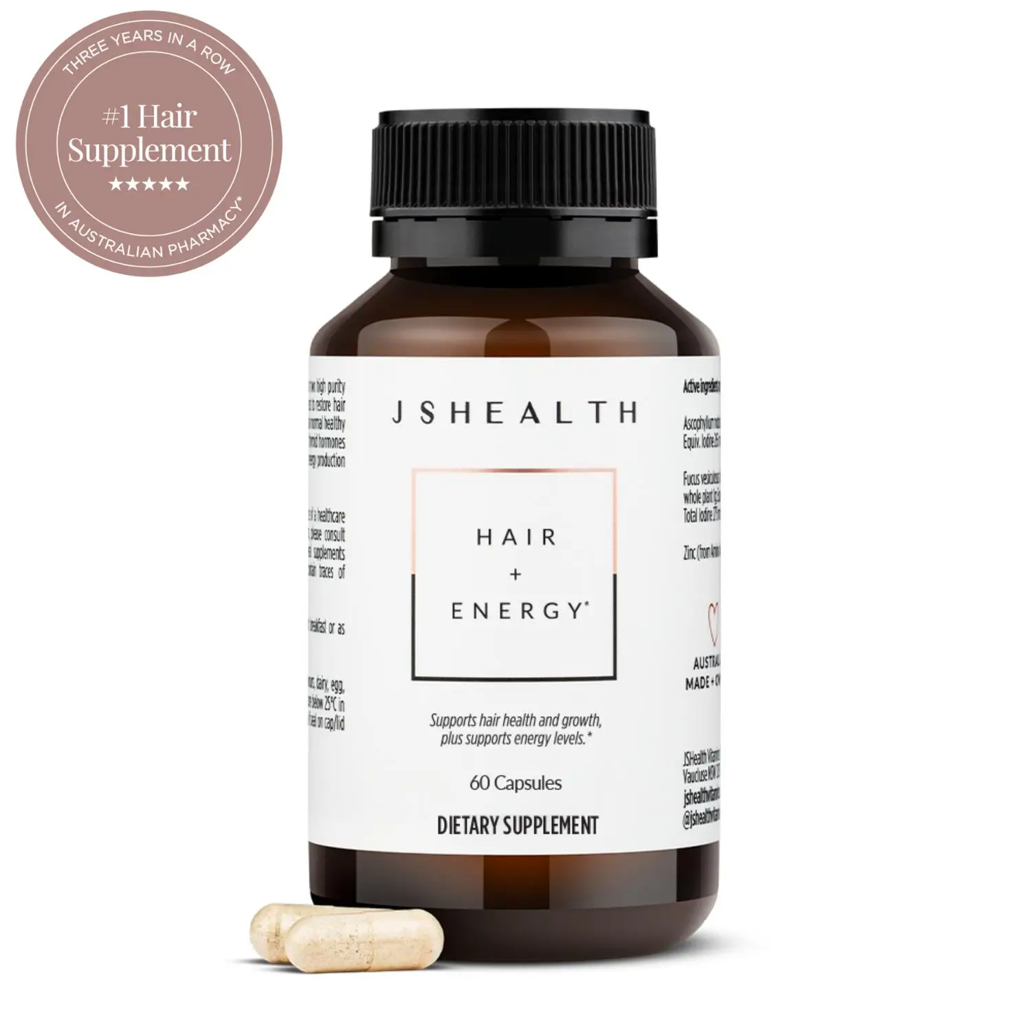 JSHealth Hair + Energy Vitamins with Zinc & Iodine - Nourishing Hair Growth Supplement for Men & Women 60 Capsules Biotin Wellness