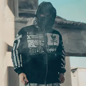 Sim505 Niepce Black Techwear Fashion Cyber Graphic Zip Up Jacket with Hood