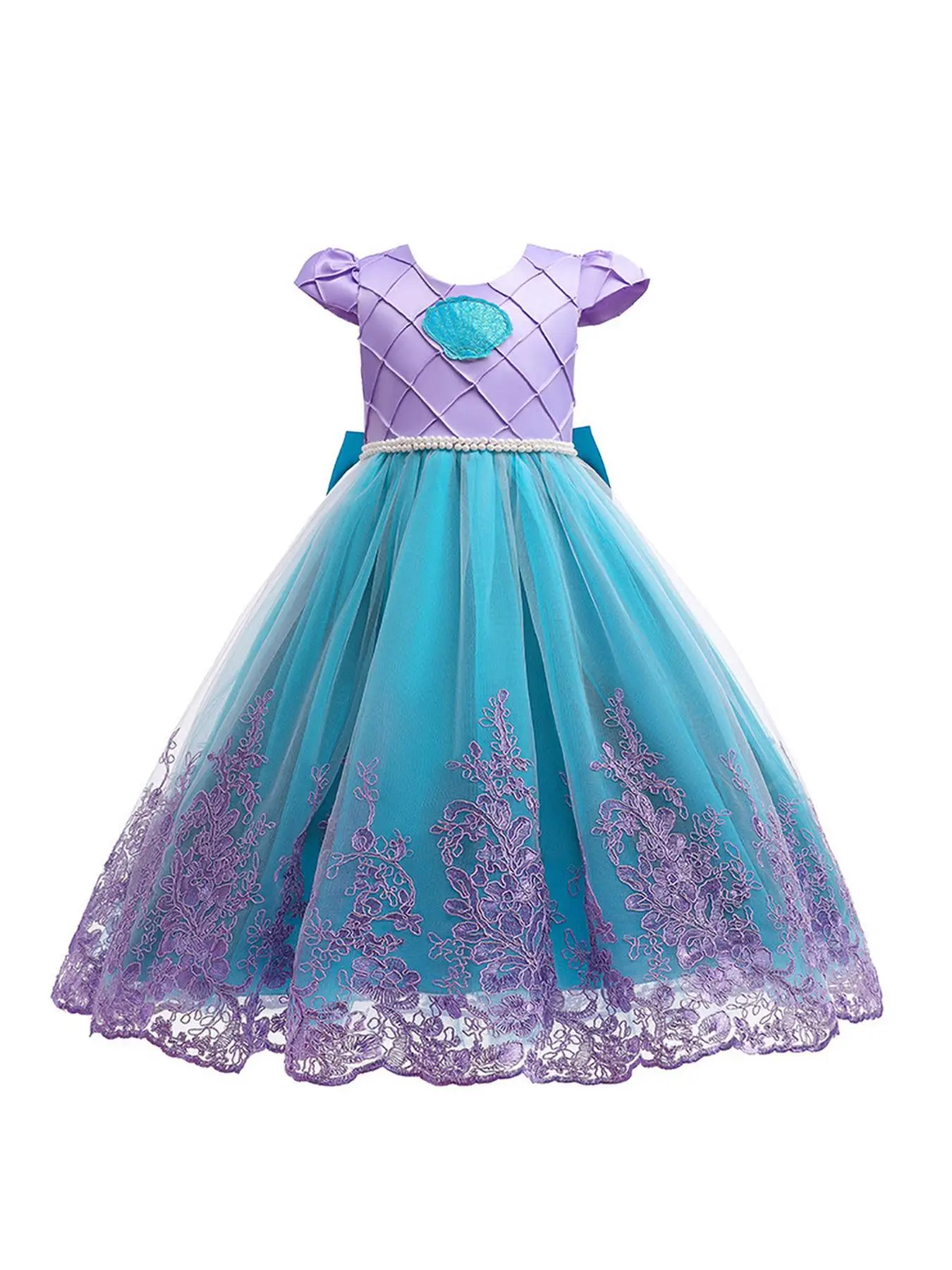 Girl's Colorblock Appliques Bow Back Contrast Mesh Dress, Elegant Faux Pearls Decor Cap Sleeve Round Neck Dress for Party, Kids Clothes for All Season