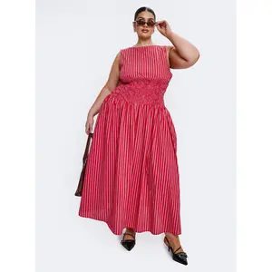 Lilienne Cotton Poplin Maxi Dress Red Stripe Curve