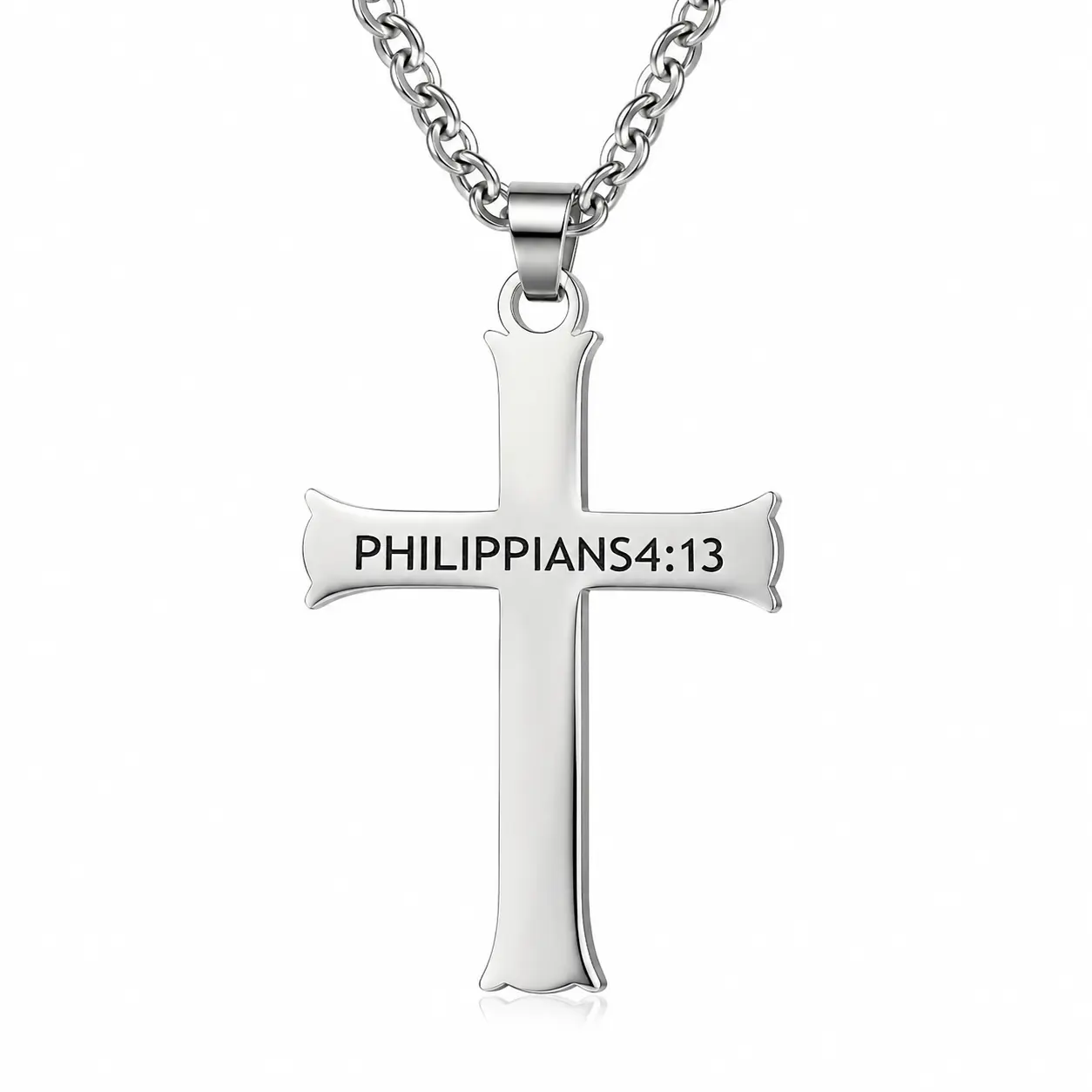 Philippians 4:13 Cross Necklace for Men and Women, Silver-Tone Double-Sided Bible Verse Pendant, Christian Faith Jewelry, Religious Gift