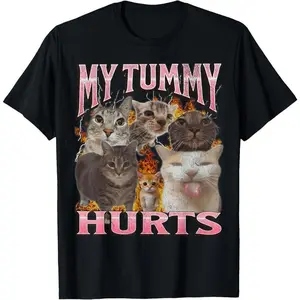 Men's Cotton Classic Round Neck Shortleeve Apparel - Funny "My Tummy Hurts" Cat Meme Bootleg Graphic Tee, Seamless Casual Streetwear, Father's Day Gift t0103