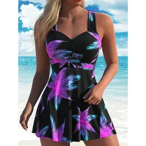 Women's Plants Print V Neck Swimdress & Tankini Set, Casual Sleeveless Swim Dress & Swim Top Two-piece Swimsuit, Tummy Control，Tropical Print，Floral Print Swimsuits for Beach Holiday Vacation, Ladies Swimwear for All Seasons