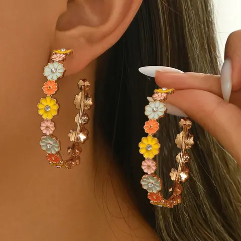 1 Pair Cute Floral Resin Druzy Durable Alloy Hoops Shape Earrings, Fashionable Colorful Earrings, Fashionable Jewelry Accessories, Ideal Gift for Girlfriend, Sister or Mother, Perfect for Daily Wear, Parties & Weddings