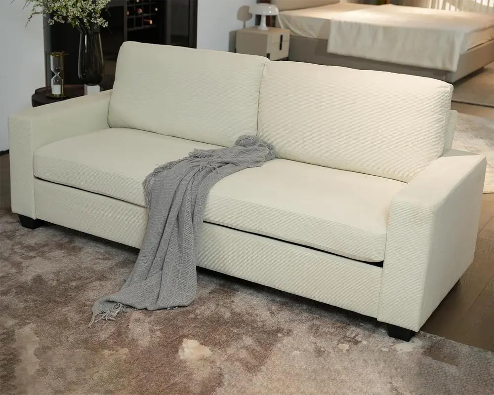 83" Modern Corduroy Upholstered 3-Seater Sofa Couch - Deep Seat Indoor Furniture with Removable Cushions, Sleeper Function, Beige for Living Room, Apartment, Upholstered Sofa Couch