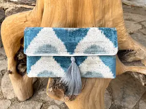 Blue Velvet Ikat Clutch with Grey Accents - Handcrafted Elegance, Blue Clutch Bag , Blue Ikat Clutch Purse, Grey Clutch Bag, Silk Ikat Bag