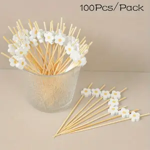 50/100Pcs Bamboo Pick Sweet Daisy Theme Flower Fruit Fork, Party Dessert Salad Stick Cocktail Skewer, Wooden Picks Wedding Birthday Party Supplies