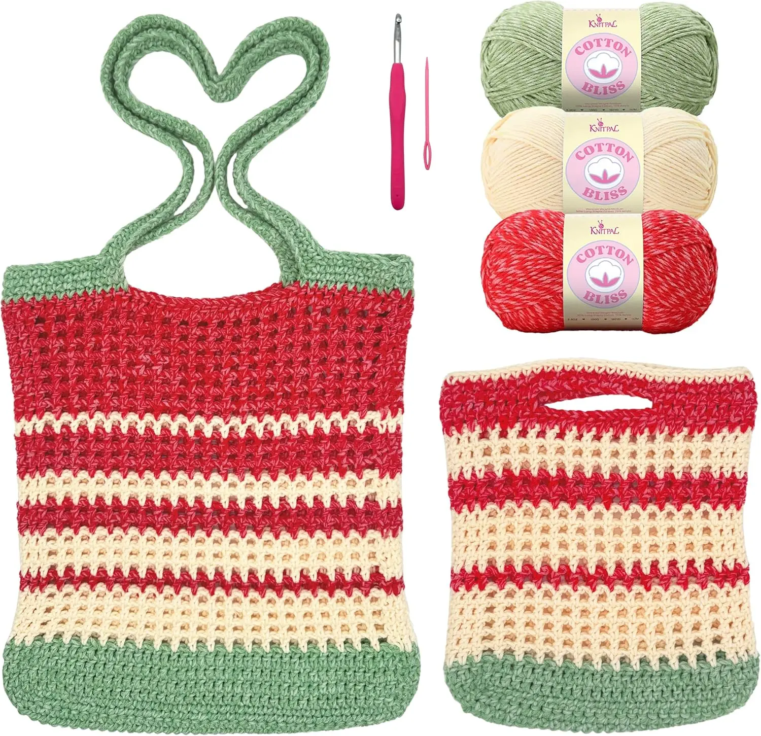 KnitPal Market Bag Crochet Kit – Make 2 Reusable Tote Bags | Cotton Blend Yarn, Hook | Patterns & Video Guide | Confident Beginners