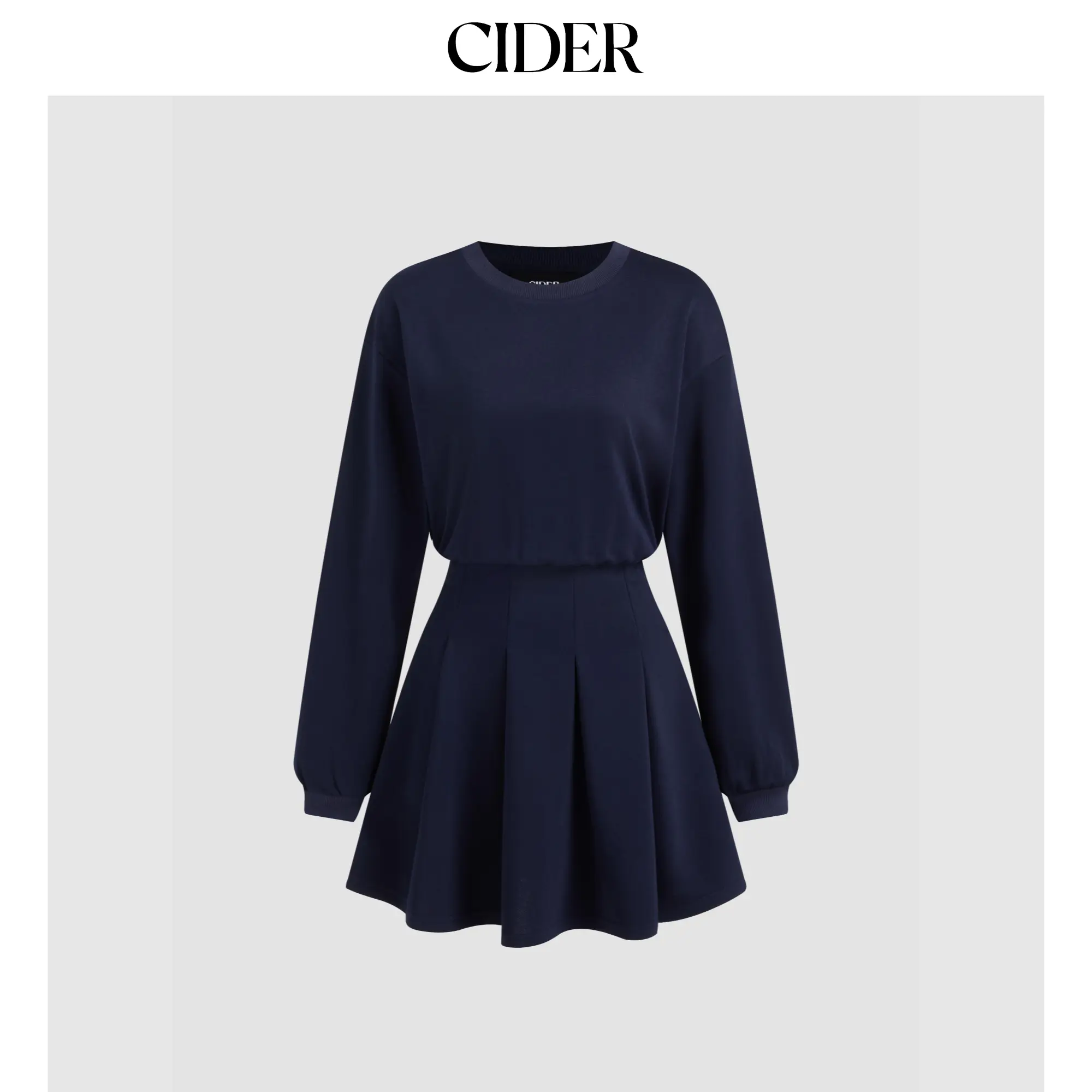 Cider Round Neckline Pleated Long Sleeve Mini Dress
