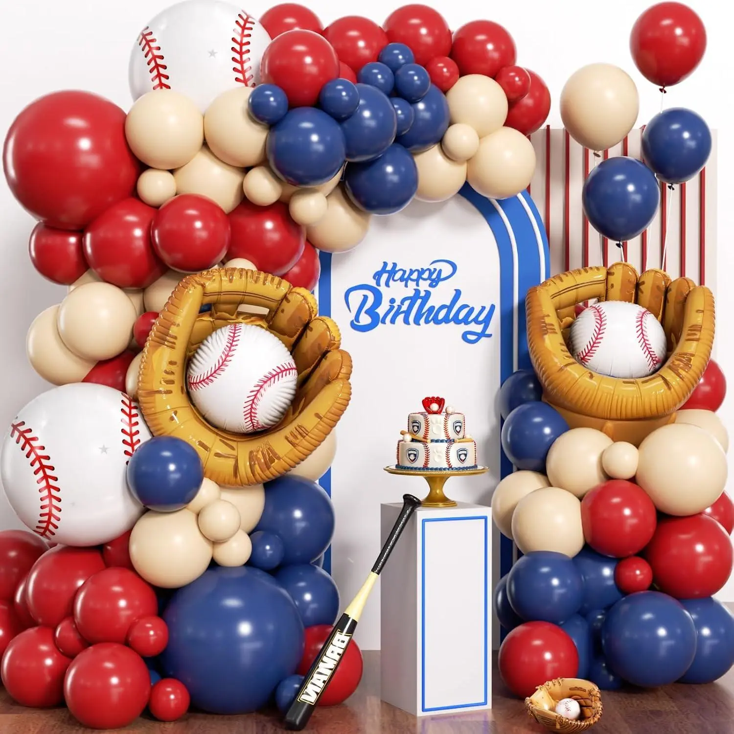 Baseball Balloon Arch Garland Kit 155Pcs With Baseball Glove Foil Balloons, Navy Blue Red Nude Balloon Arch Kit For Base Ball Themed Party Summer Baby Shower Birthday Sports Party Decorations
