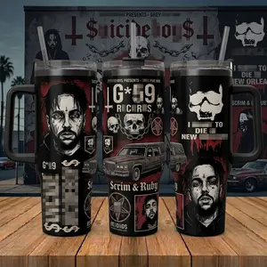 G59 Records Hip Hop Tumbler 40oz with Handle, Suicide Boys New Orleans Fan Travel Mug with Straw, Grim Ruby Skull Stainless Steel Cup, Rap Concert Merch, Dark Aesthetic Gothic Gift for Music Lovers, Birthday Gift for Him