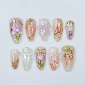 Fairy-Tale Spring Press On Nails, Almond Nails With Gold Ribbons, Pearls & Floral Details, Perfect For A Prom, Garden Party, Nail Art Kit Nail Box