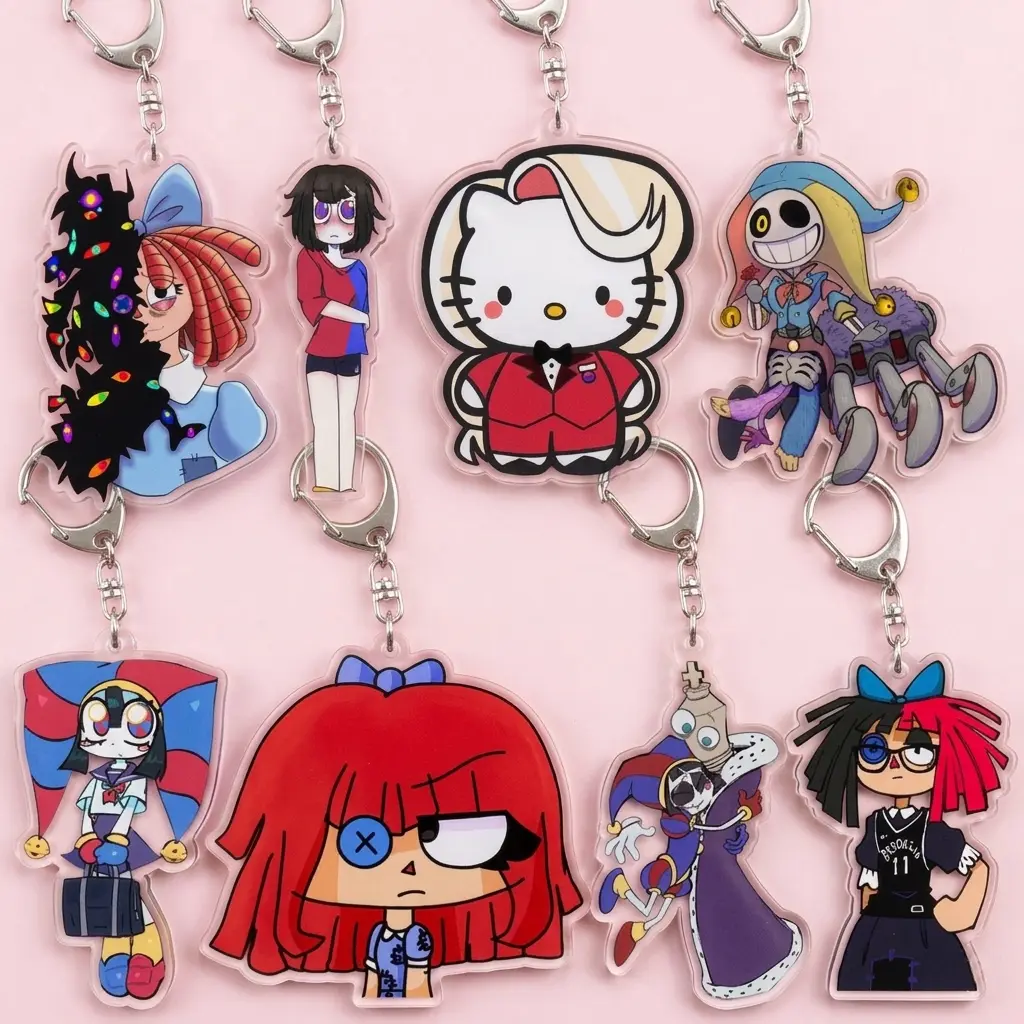 Adorable acrylic keychains featuring Ragatha Pomni and Caine Kinger from The Amazing Digital Circus.