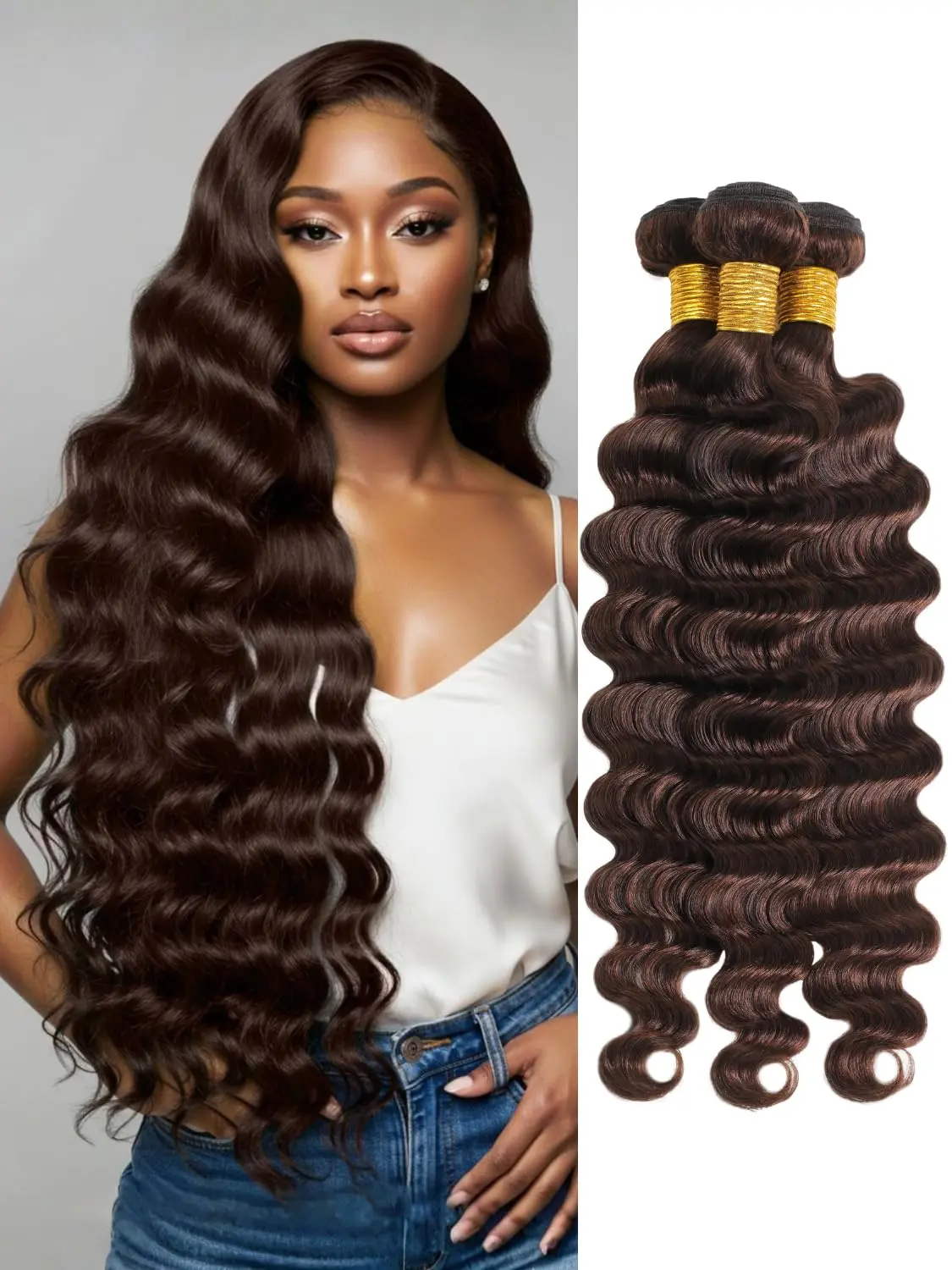 AKHER Color #4 Chocolate Brown Loose Deep Wave 3 Bundles Human Hair 20 22 24 Inch, 12A 100% Brazilian Virgin Remy Hair Curly Bundles Thick Track Rich Dark Brown Double Weft Extension Sew In For Black Women