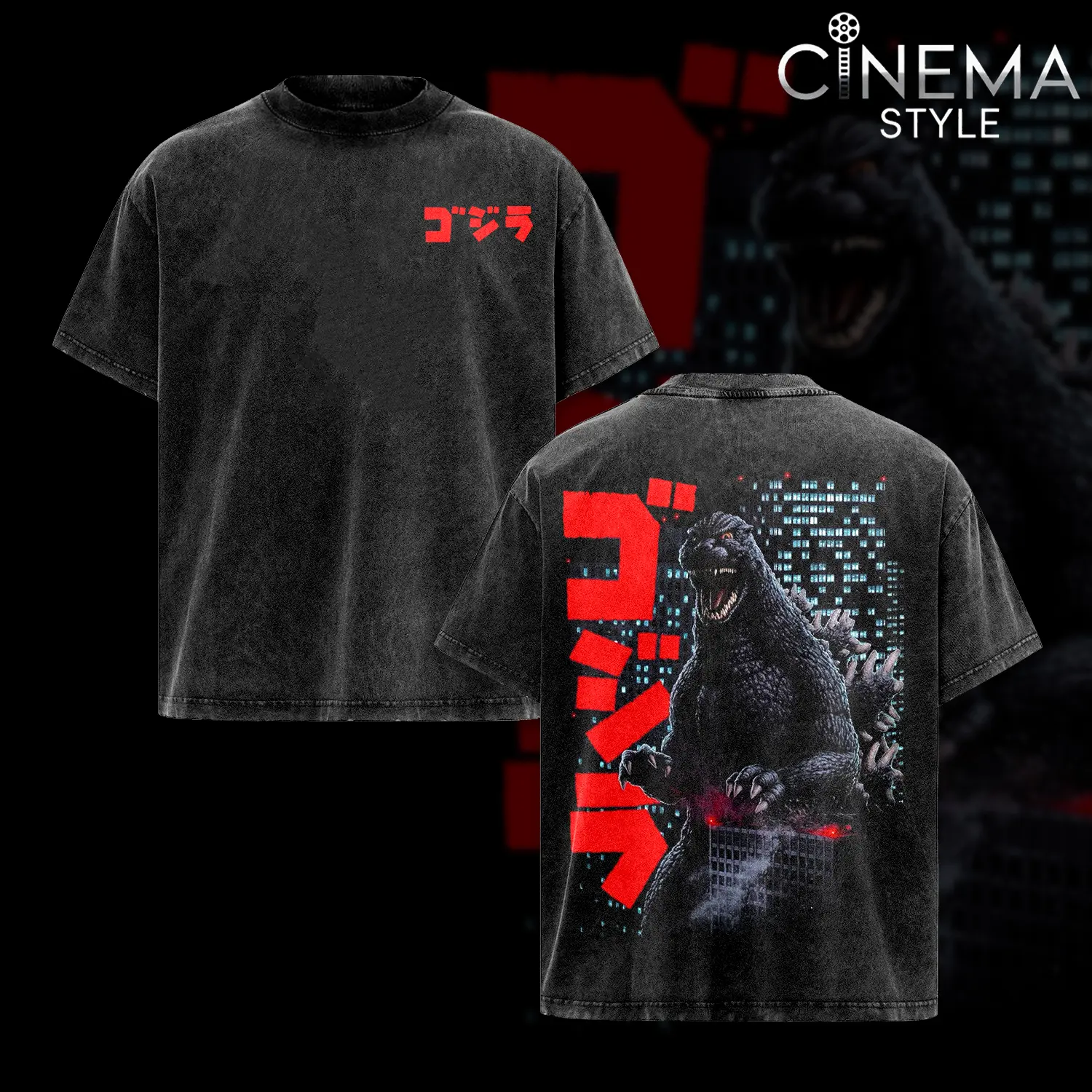 Godzilla (Gojira) Acid-Washed Cotton T-Shirt, Vintage Graphic Tee for Fans of the Series Godzilla, Top Streetwear Cotton Design for Men and Women, Unisex T-Shirt Hot