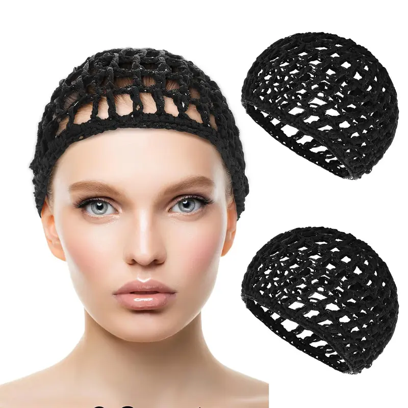 2 PCS Hair Nets Cap Daily Sleeping Hairnet Snoods Wrap Bonnets Long Straight Curl Wig Head Protector Black Mesh Wrapping Crochet Wave Cook Hats Bun
