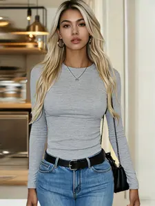 Women's Slim-Fitting Round Neck Long Sleeve T-Shirt, Elastic Soft Basic Top, Casual Wear for Work Commute, Sports Leisure, Dating, Street Style
