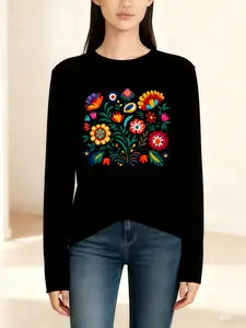 Floral Print Long Sleeve T-Shirt for Women | Pure Cotton Fabric, Round Neck, Relaxed Fit | Ideal for Spring, Autumn, Everyday Wear, Sports, and Travel | Comfortable & Versatile Cotton Top
