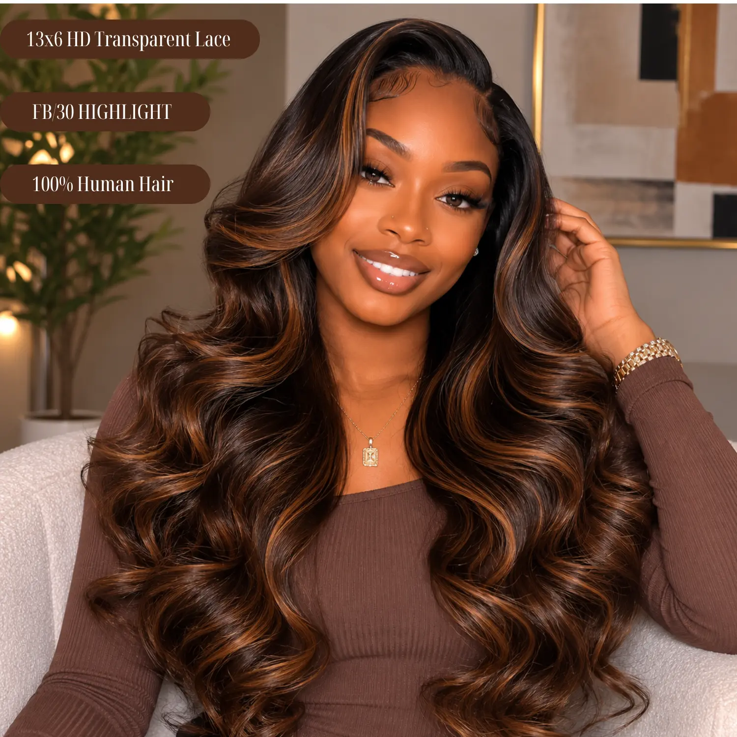 Afribye Hair FB/30 Women's Body Wave 100% Human Hair Lace Front Wig 13x6 HD Transparent Lace Brown Highlight Wigs Human Hair Wigs