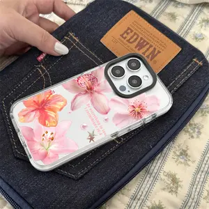 Pink Lilies Floral Pattern Shockproof Protective Cover Clear Phone Case for iPhone 16 15 14 13 12 11 Pro Max Plus , Trendy Women Girl Gift, Affordable