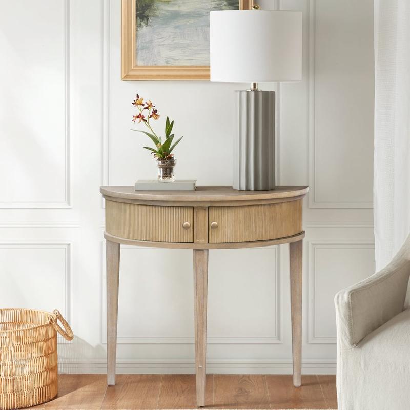 Martha Stewart MT120-0167 Crestview Traditional Reclaimed Wheat Wood Veneer Freestanding Storage Console Table, Space Saving Furniture, Fluted Doors, Side Tables Alternative, 31"w x 14"d x 30"h, MDF, Rubber Legs, Assembly Required, Wipe with Damp Cloth, F