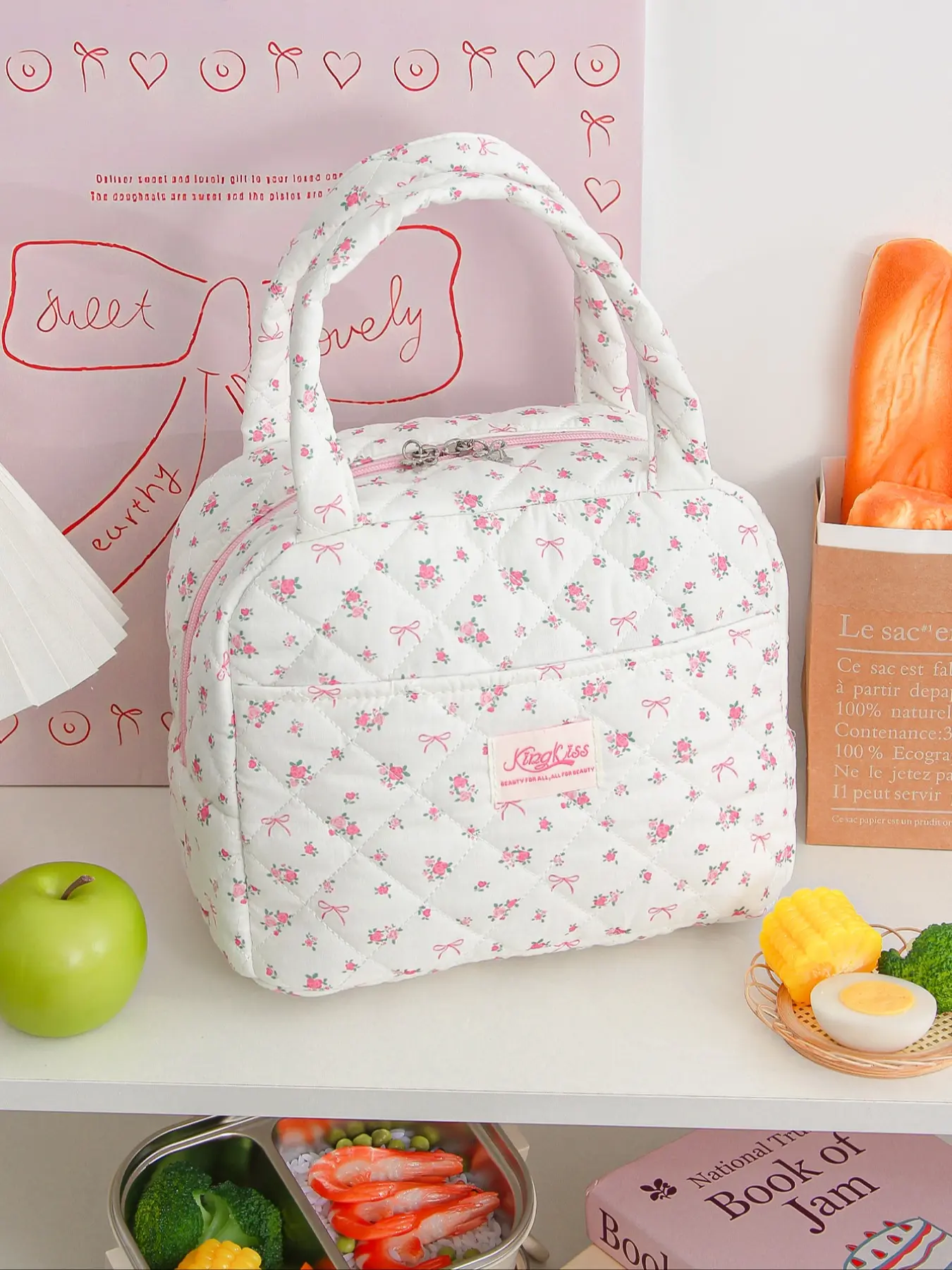 Large Capacity All Over Print Quilted Lunch Bag, Durable Lunch Bag, Zipper Lunch Bag, Lightweight & Reusable Insulated Bento Bag, Cute Bento Bag, Handheld Storage Bag with Pockets, Leak-proof Picnic Bag, Portable Lunch Bag, Insulated Lunch Bags